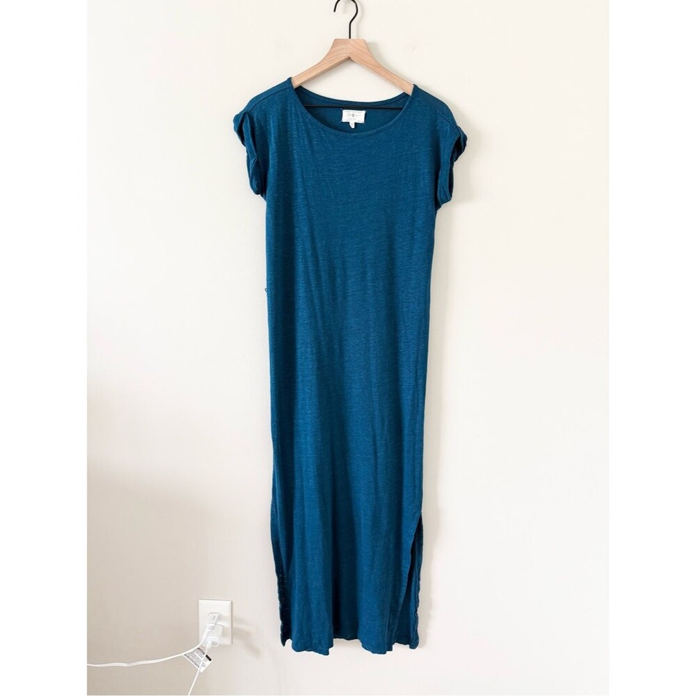 Lou & Grey Short Sleeve Rounded Neckline 100% Linen Teal Maxi Dress Size XS